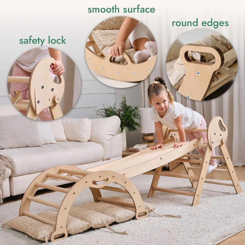 4in1 Montessori Climbing Frame: Pikler Triangle + Arch + Slide Board + Cushion for Toddlers (1–3 Years) - Ivory